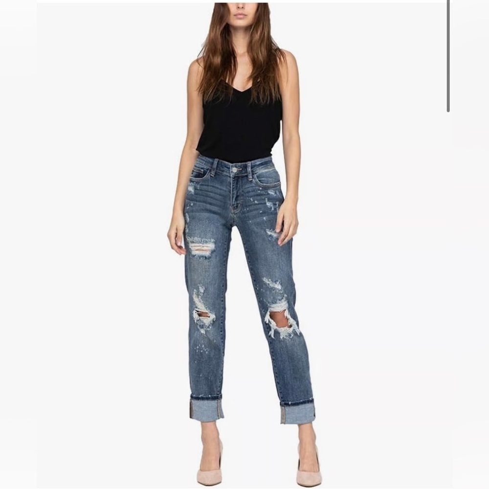 Judy Blue Cuffed Destroyed Bleached Splash Midrise Boyfriend Jeans 82363 22W NEW